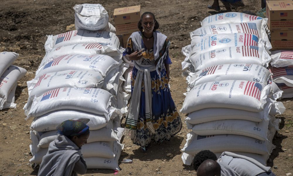 An Ethiopian woman stands by sacks of wheat to be distributed by the Relief Society of Tigray in the town of Agula, in the Tigray region of northern Ethiopia Saturday, May 8, 2021. (AP Photo/Ben Curtis, File)